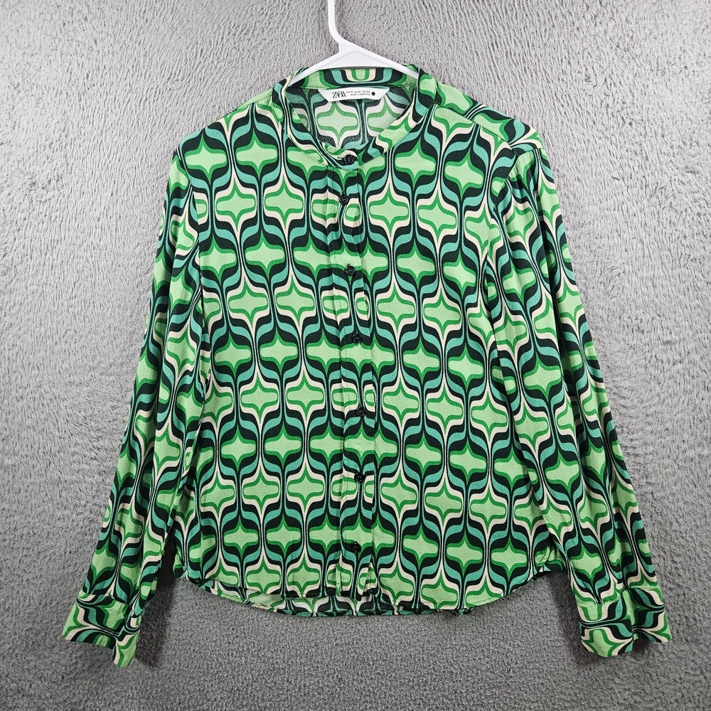Zara Shirt Top Women Medium Button Up‎ Geometric Print Long Sleeve Green